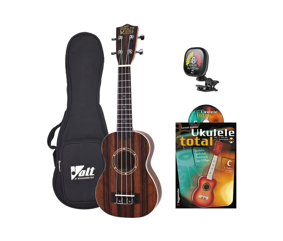 Voggenreiter Sopran-Ukulele-Set »Zebrano« mit Tasche, Stimmgerät und Lehrbuch.
