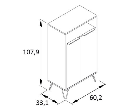 Diagramm eines Schuhschranks „Hank“ mit Abmessungen.