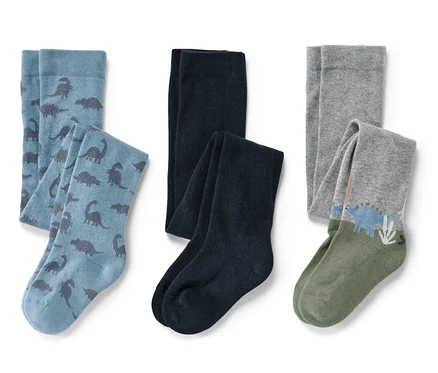Drei Paar Kinder-Strumpfhosen: blau mit Dinosauriern, dunkelblau und grau mit Dinosaurier-Motiv.