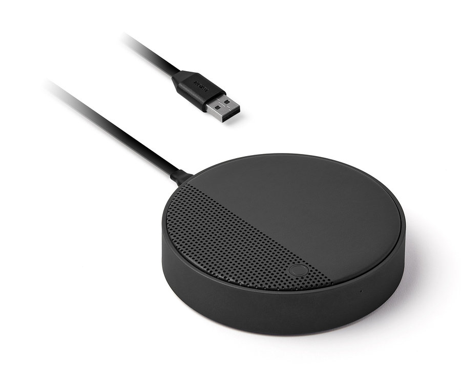 Ein schwarzer, runder Lexon »OSLO ENERGY+« Lautsprecher mit USB-Kabel auf weißem Hintergrund.