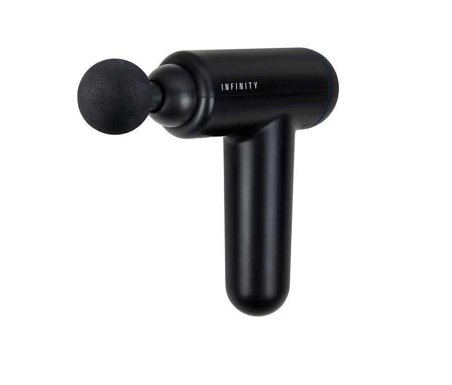 Schwarze MELISSA Infinity Massagepistole auf weißem Hintergrund.