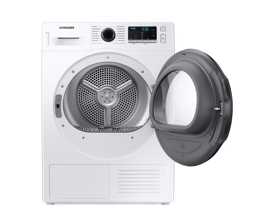 Weißer Samsung Wärmepumpentrockner DV9ETA040AE/EG mit offener Tür.