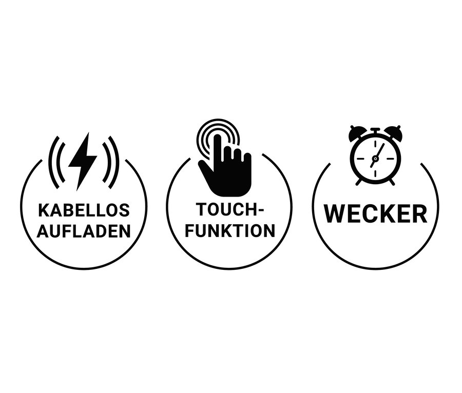 Kabelloses Aufladen, Touchfunktion und Wecker.