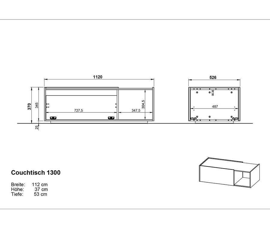 Technische Zeichnung des Couchtischs »Cantoria« mit Maßangaben.