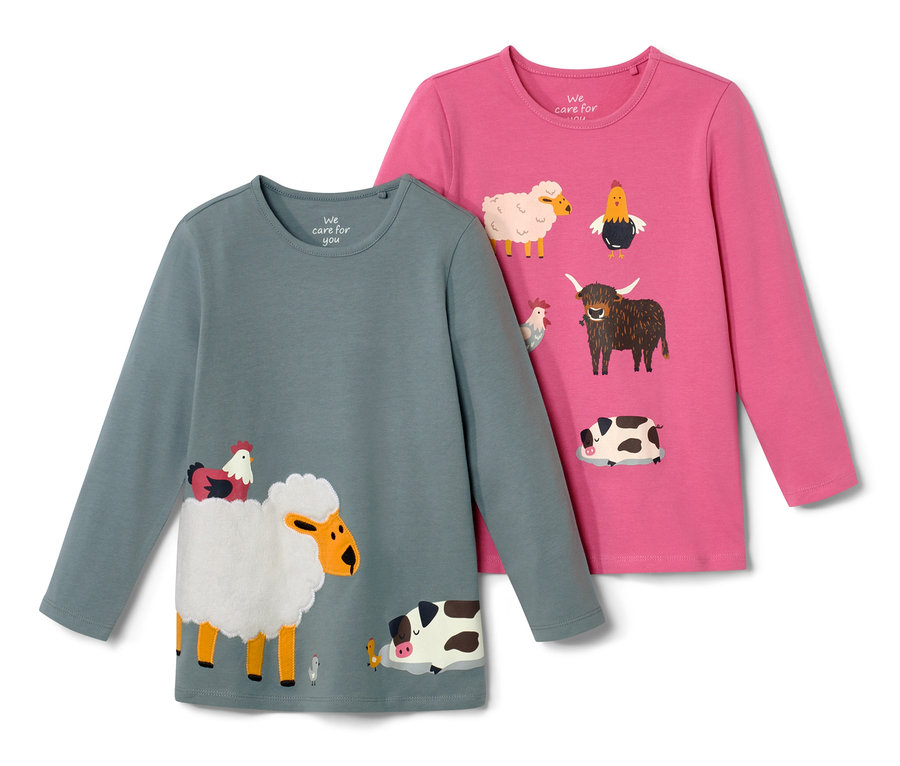 Zwei Kleinkind-Langarmshirts mit Tiermotiven.