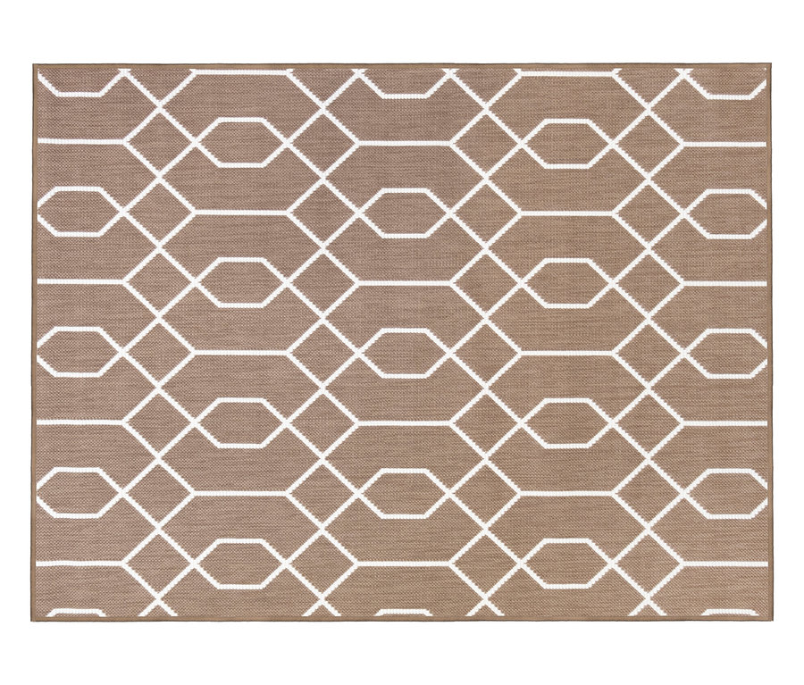 Brauner Outdoor-Wendeteppich »Geo River« mit weißem geometrischen Muster.