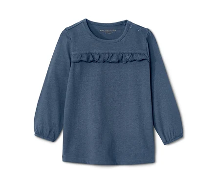 Blaues Kleinkind-Shirt mit langen Ärmeln und Rüschen.