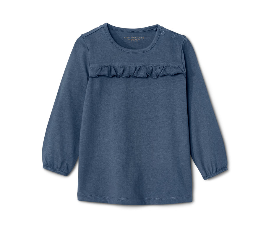 Blaues Kleinkind-Shirt mit langen Ärmeln und Rüschen.