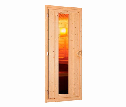 Holztür der Karibu Sauna »Elli 2« mit kleinem Fenster.
