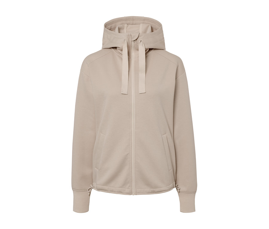 Beige Kapuzen-Sweatjacke mit Reißverschluss in der Mitte.