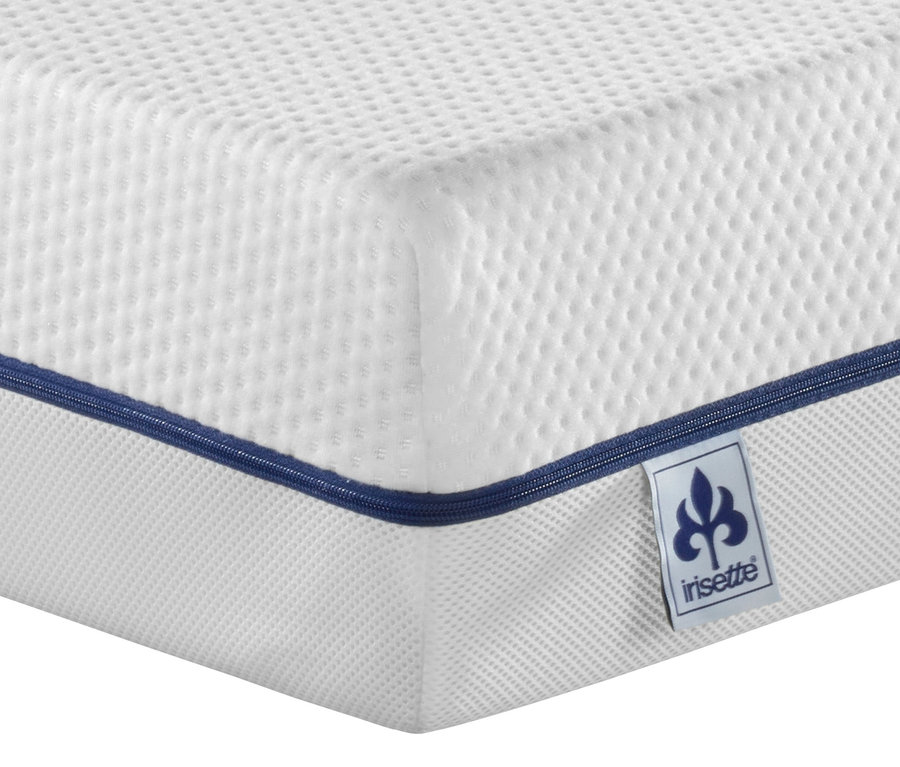 Detailansicht einer weißen irisette® Matratze mit blauem Rand.