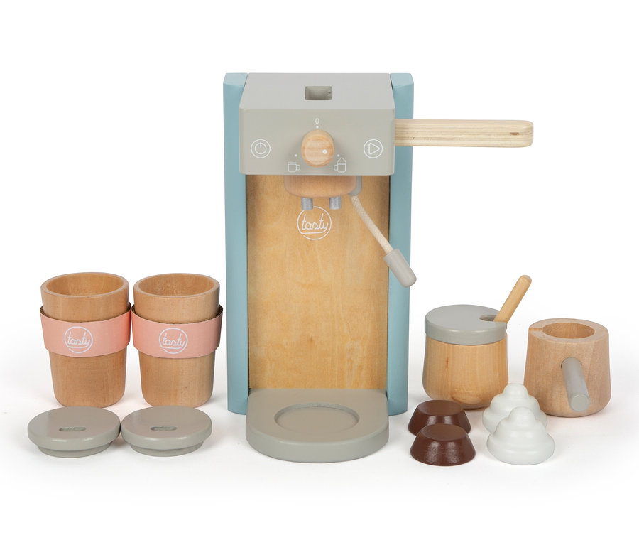 Ein hölzernes Kaffeemaschinen-Set »tasty« mit Zubehör, inklusive Tassen, Sahne und Zucker.