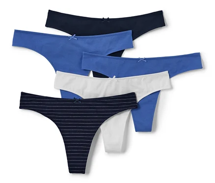 Fünf Strings in den Farben Dunkelblau, Blau, Hellblau, Weiß und Gestreift.