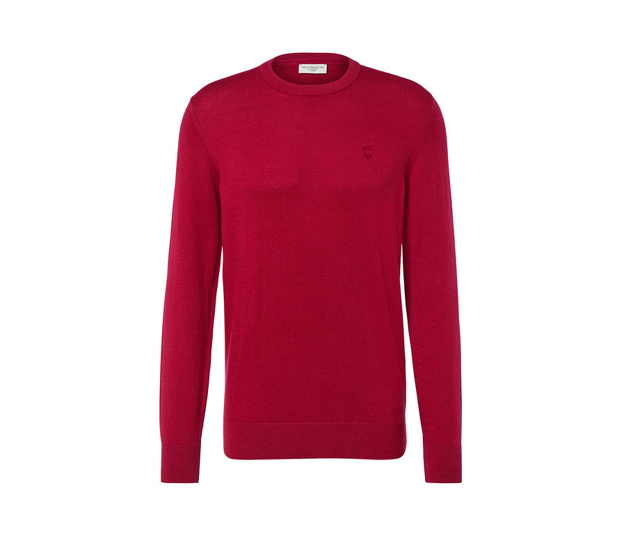 Roter Pullover mit Rundhalsausschnitt.