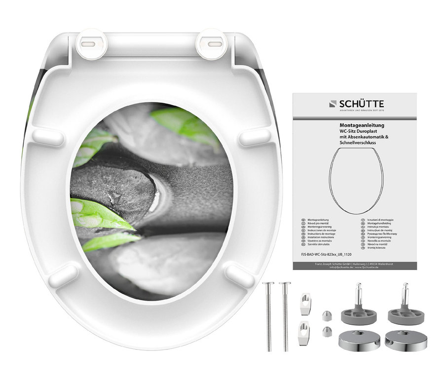 Duroplast WC-Sitz Stone mit Montageanleitung und Zubehör.