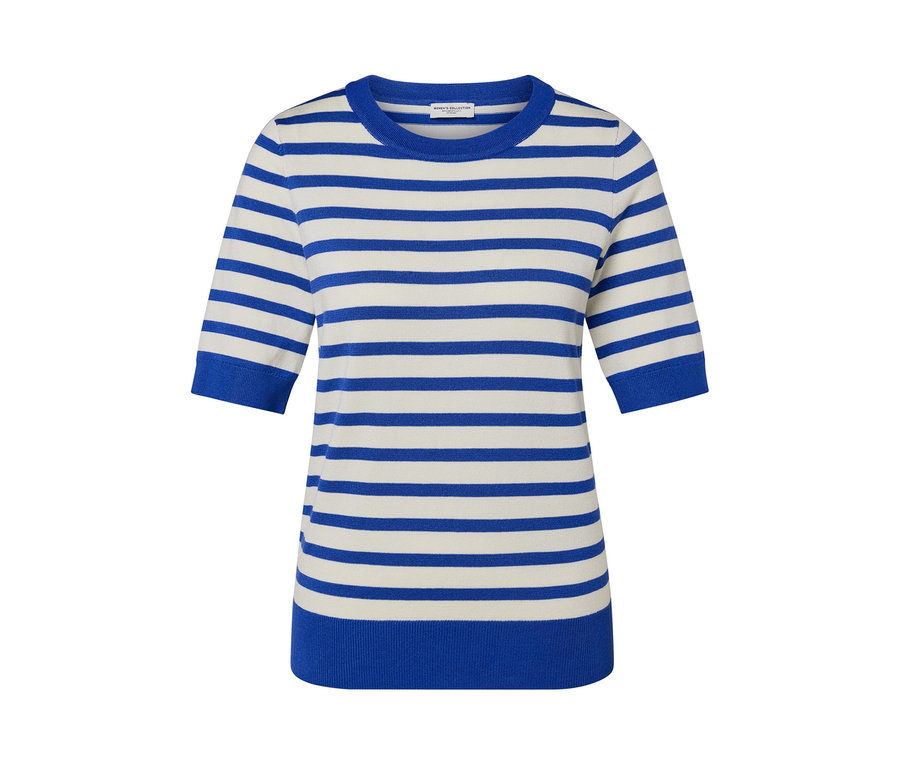 Gestreifter, blau-weisser Feinstrickpullover.