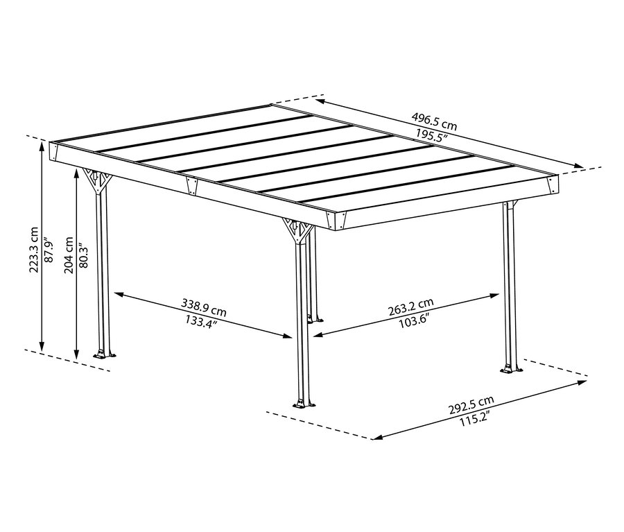 Schema eines Aluminium Carports, HKP, mit Maßangaben.