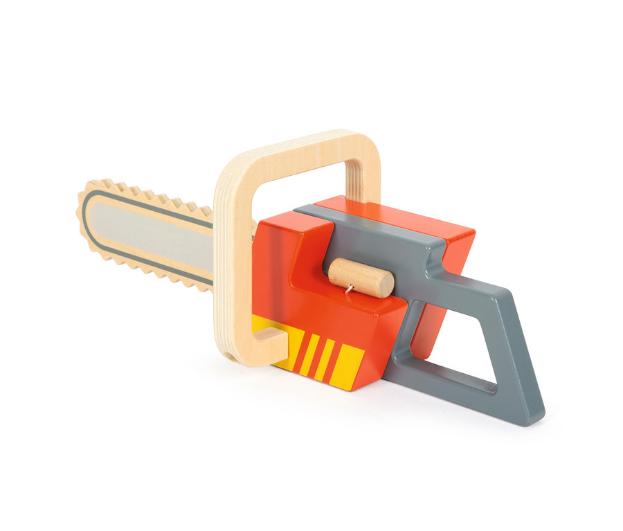 small foot Kettensäge Spielzeug aus Holz, rot, grau und naturfarben.