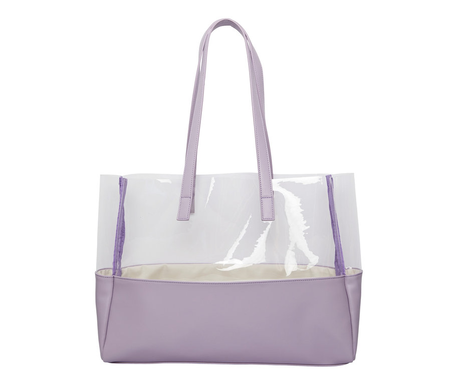 Lila Strandtasche mit transparentem Oberteil.