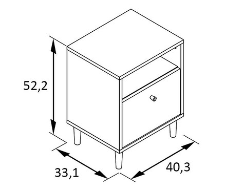 Skizze des Nachttischs »Hilda« mit Bemaßung.