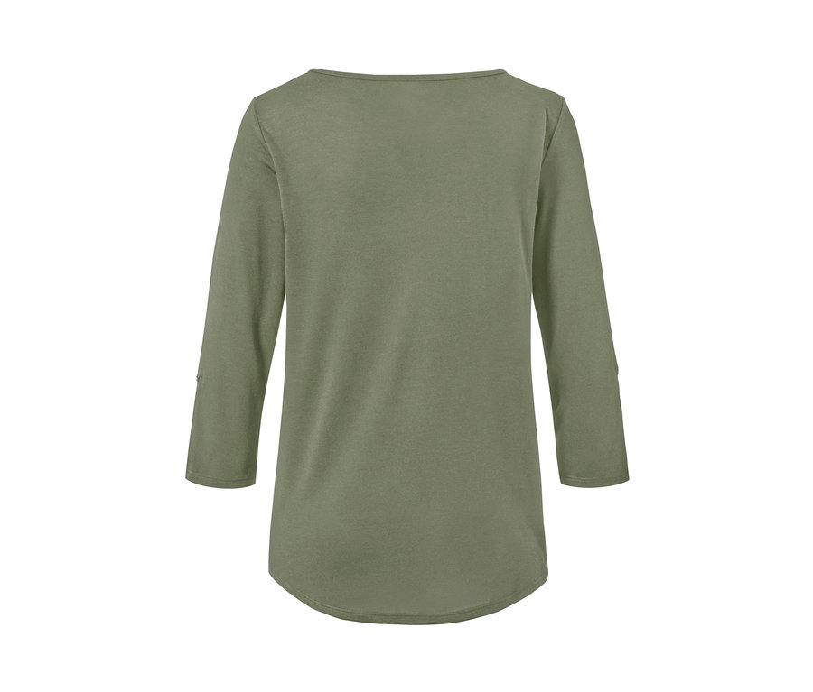 Khakifarbenes Funktionsshirt mit 3/4-Ärmeln von hinten.