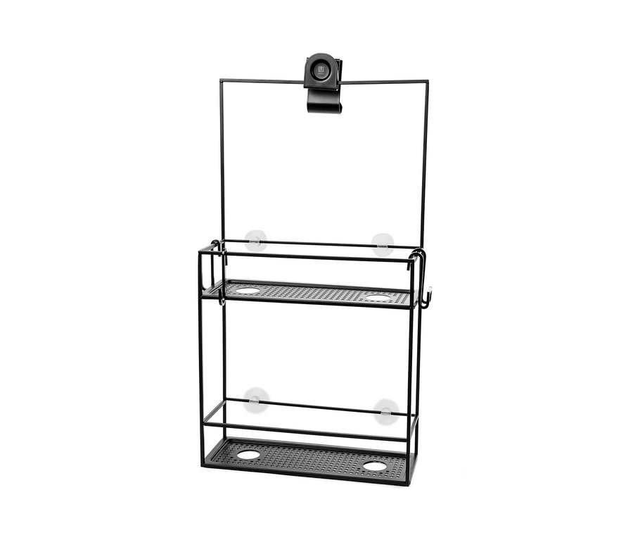 Schwarzes hängendes Duschregal mit zwei Ablagen, das mit Saugnäpfen befestigt wird.