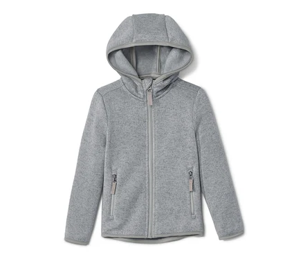 Graue Kinder-Strickfleecejacke mit Kapuze und Reißverschluss.
