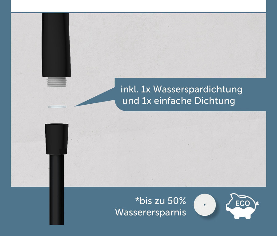 Schwarze Brausestange »CAPRI« in zwei Teile zerlegt mit Dichtungen.