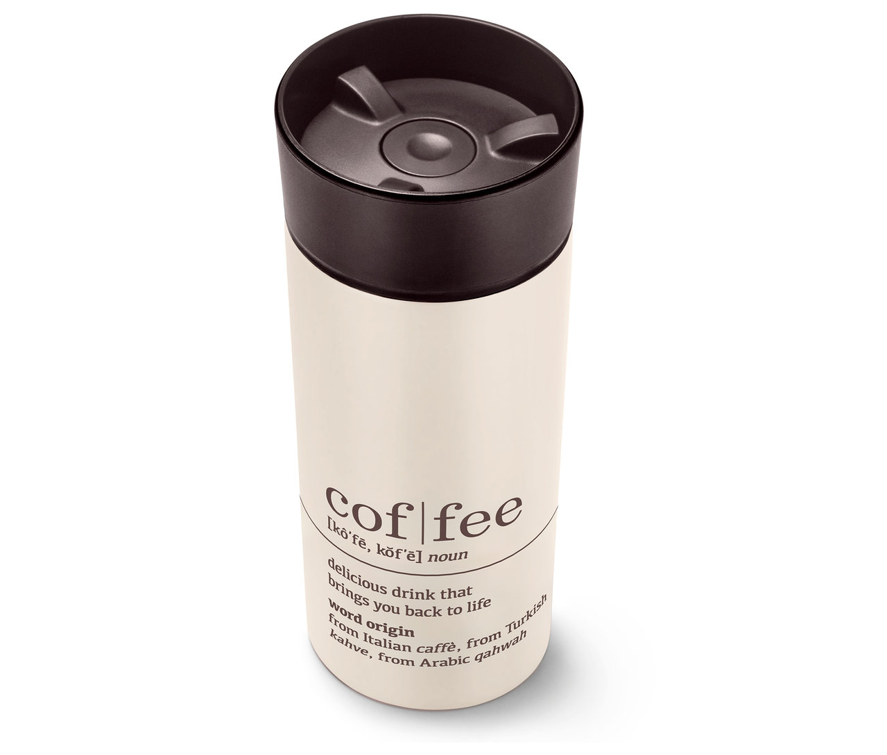 Coffee-to-go-Becher Coffee Dictionary mit schwarzem Deckel.