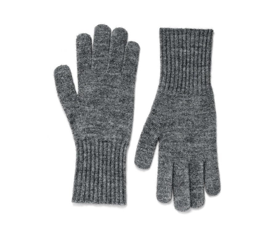 Zwei graumelierte Strickhandschuhe.