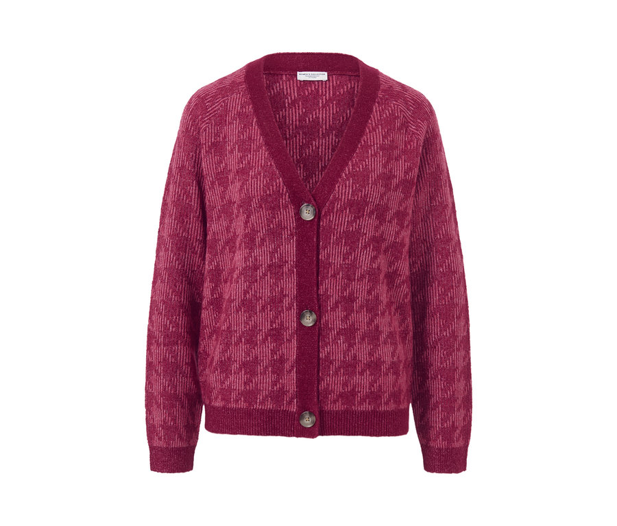 Burgunderroter Grobstrick-Cardigan mit Hahnentritt-Jacquard und Knöpfen.