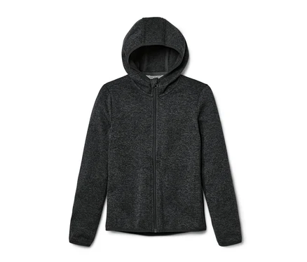 Graue Kinder-Strickfleecejacke mit Kapuze und Reißverschluss.
