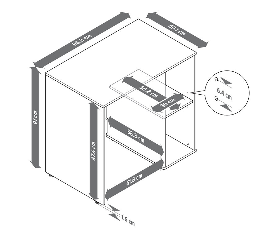 Abmessungsskizze für Waschmaschinenregal mit seitlichem Stauraum.
