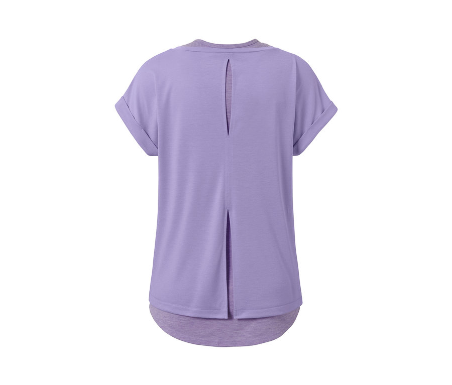 Lila 2-in-1-Kurzarm-Sportshirt von hinten.