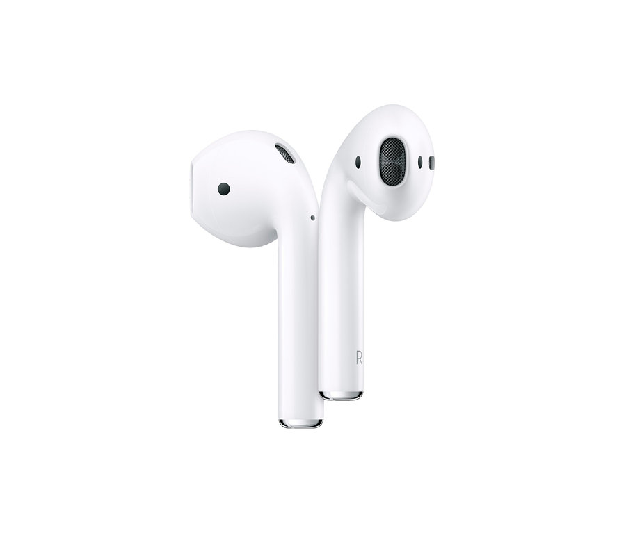 Zwei weiße Apple AirPods 2. Generation auf weißem Hintergrund.