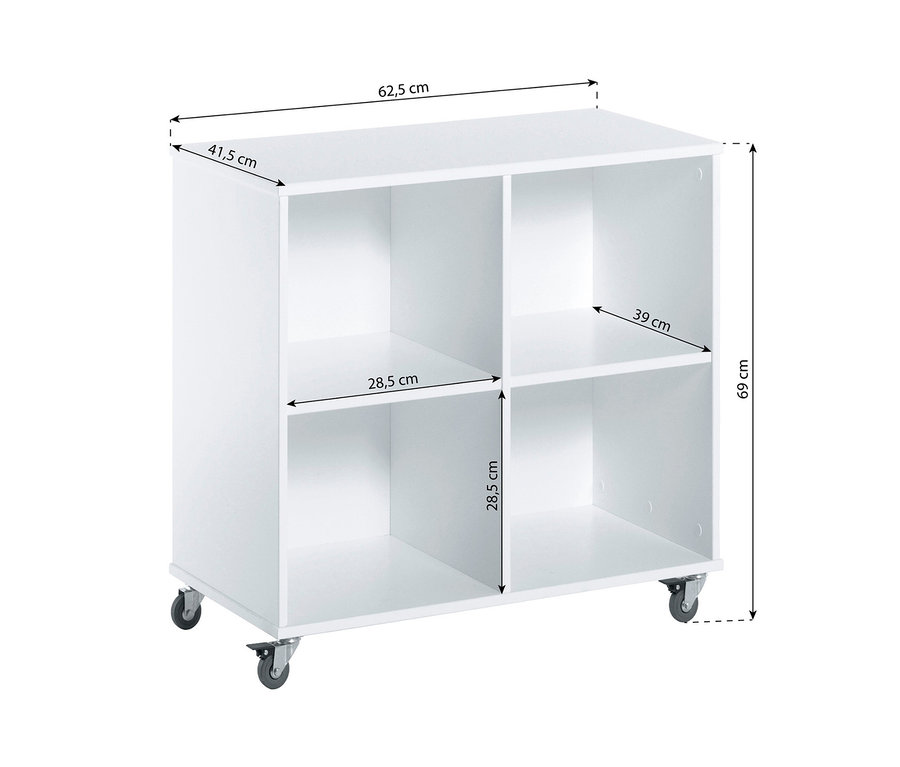 Weißes Hoppekids Bücherregal mit vier Fächern und Rädern.