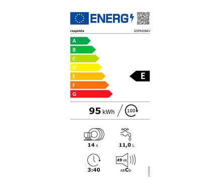 Energielabel für den Respekta vollintegrierter-Geschirrspüler »GSP60IBAV« mit der Energieeffizienzklasse E, einem jährlichen Energieverbrauch von 95 kWh und einer Geräuschentwicklung von 49 dB.
