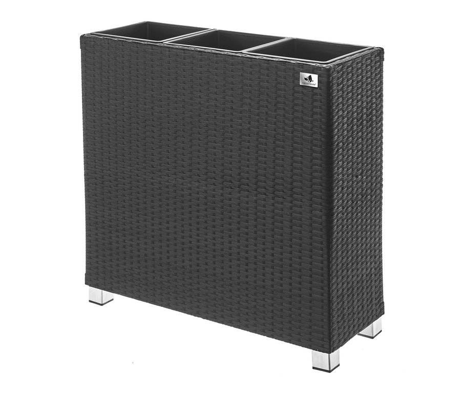 Anthrazitfarbener 2-in-1-Pflanzgefäß-und-Raumteiler aus Polyrattan, ca. 73 x 76 cm.