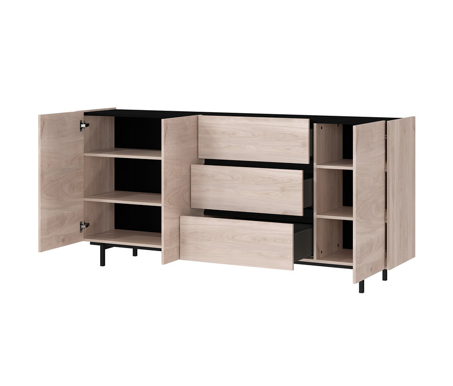 Geöffnetes Sideboard »Cantoria« mit Regalen und Schubladen.
