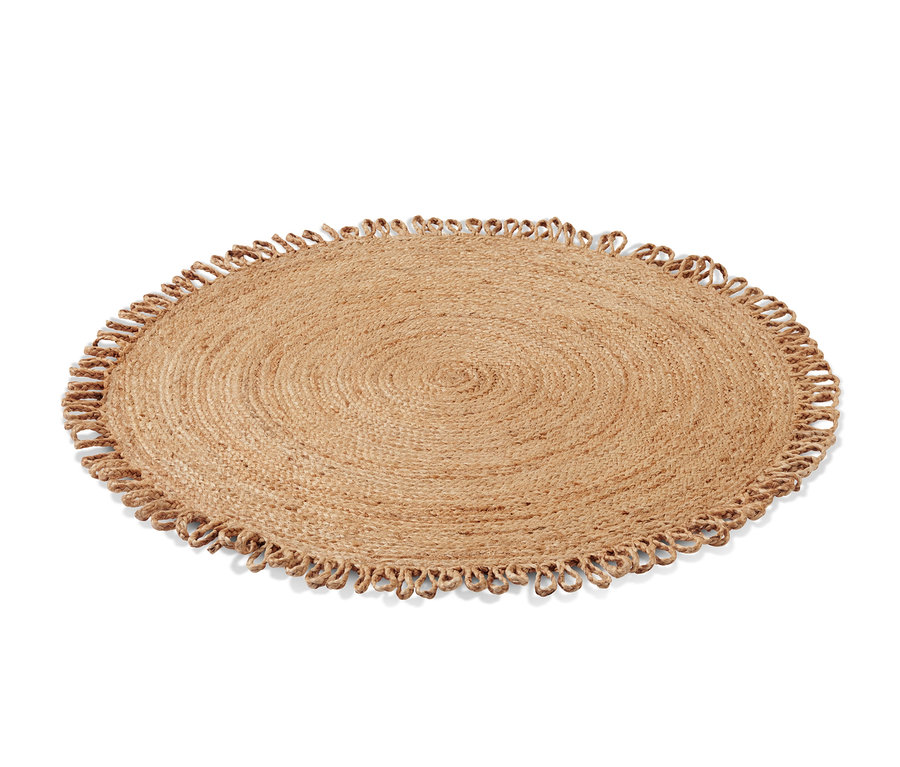 Ein runder Jute-Teppich (Ø ca. 100 cm) liegt auf einem weißen Untergrund.
