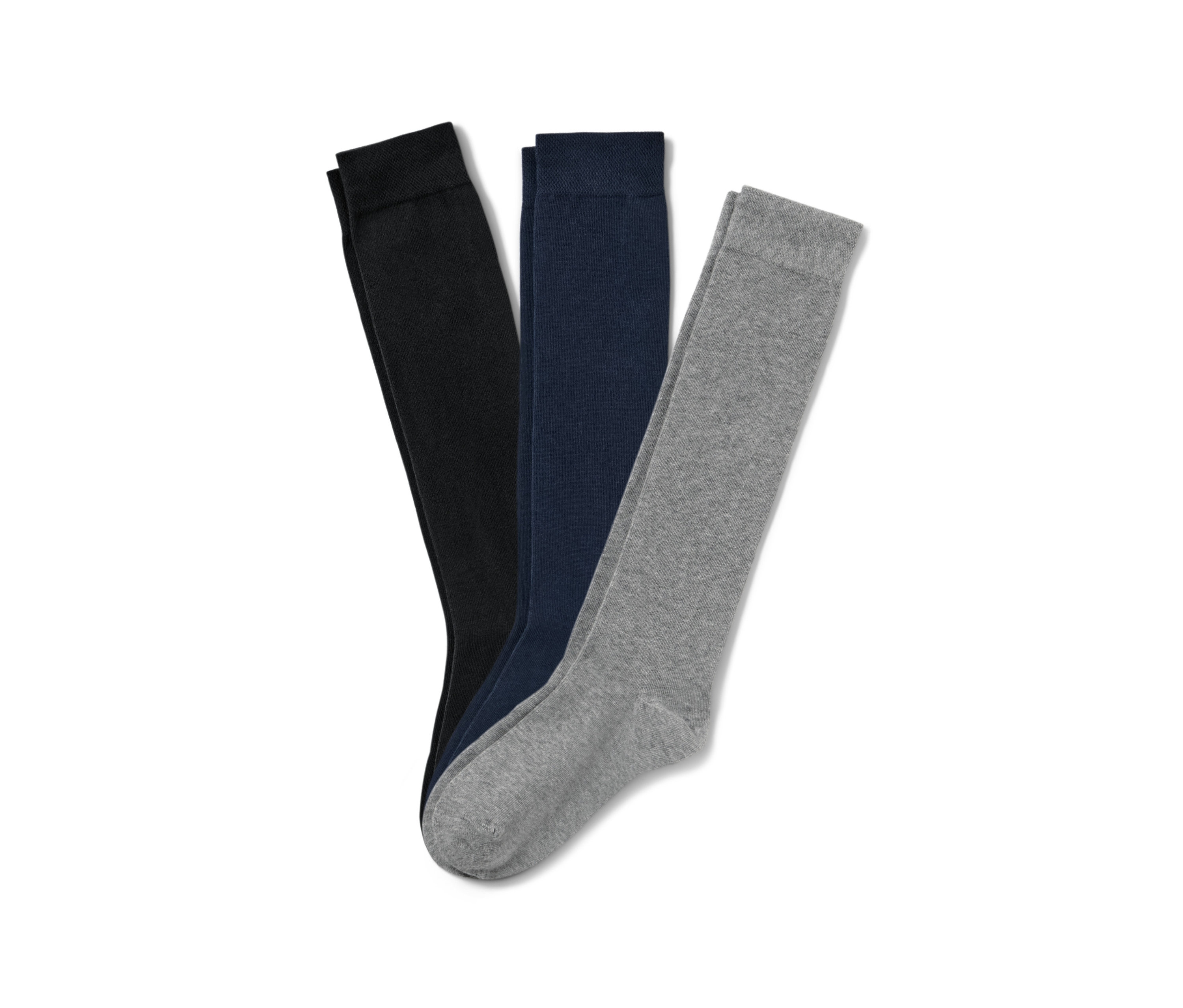 Drei Paar Kniestrümpfe in Schwarz, Dunkelblau und Grau.