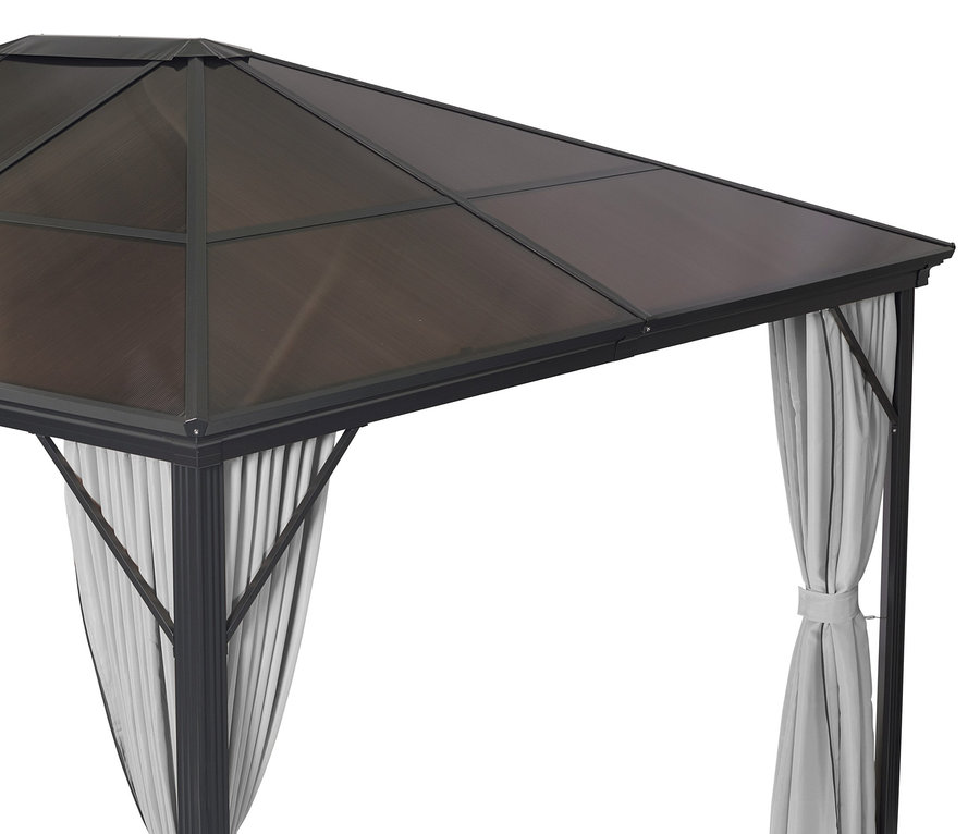 Detailansicht eines hellgrauen Profi-Pavillons, 300 x 365 cm, mit Dach und Seitenvorhängen.