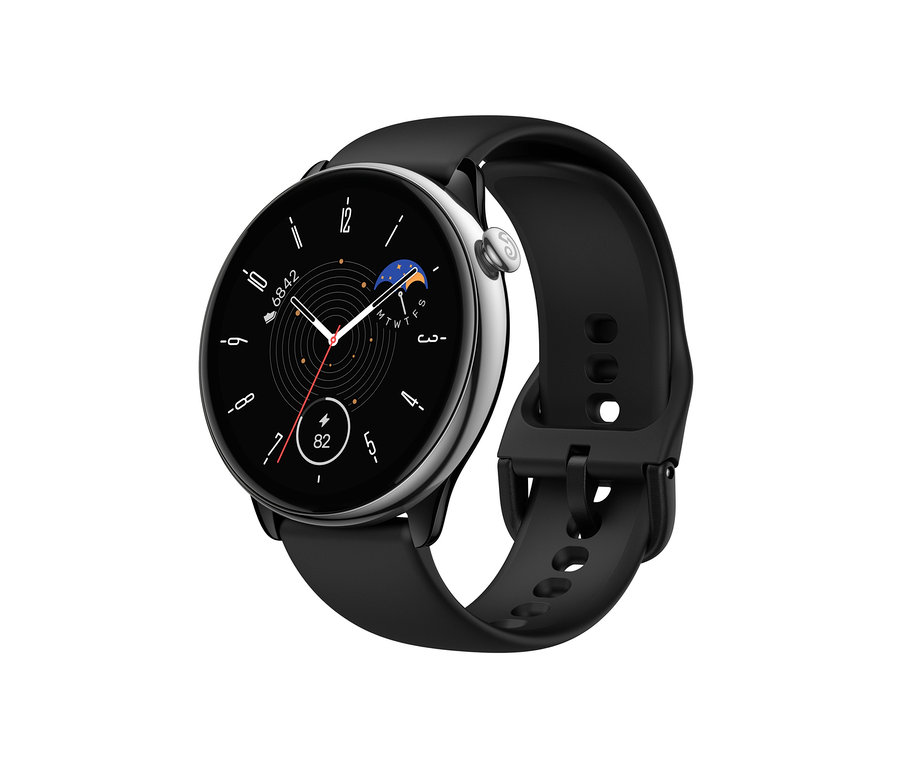 Detailaufnahme einer schwarzen Smartwatch mit rundem Zifferblatt. Amazfit GTR Mini Smartwatch, schwarz