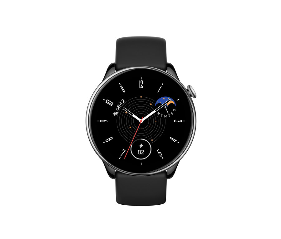 Schwarze Amazfit GTR Mini Smartwatch mit schwarzem Armband und rundem Zifferblatt.