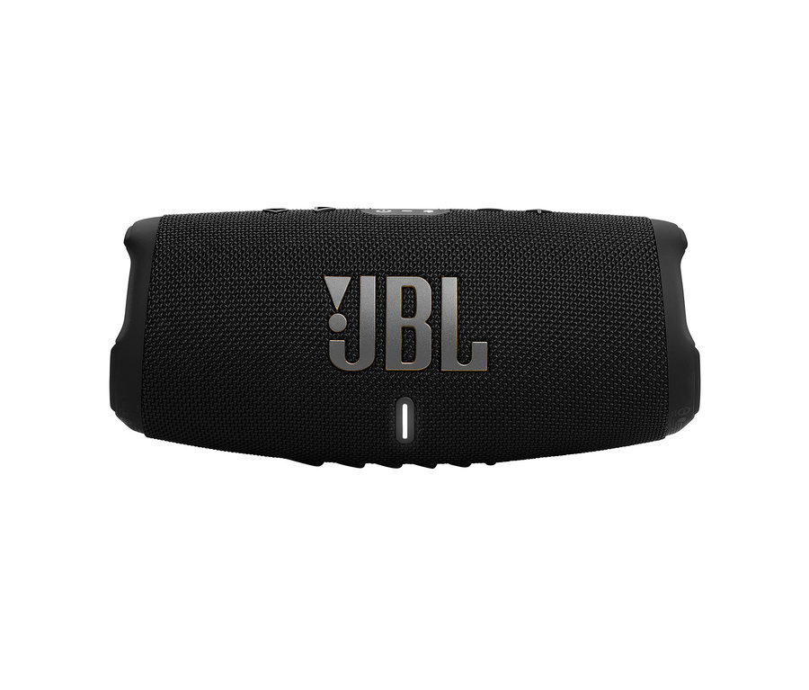 Schwarzer JBL Charge 5 Wifi Lautsprecher auf weißem Hintergrund.