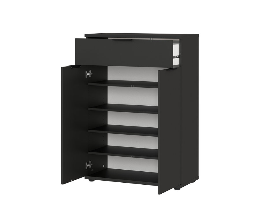 Schwarzer Schuhschrank "Osby" mit geöffneter Tür und ausgezogener Schublade.