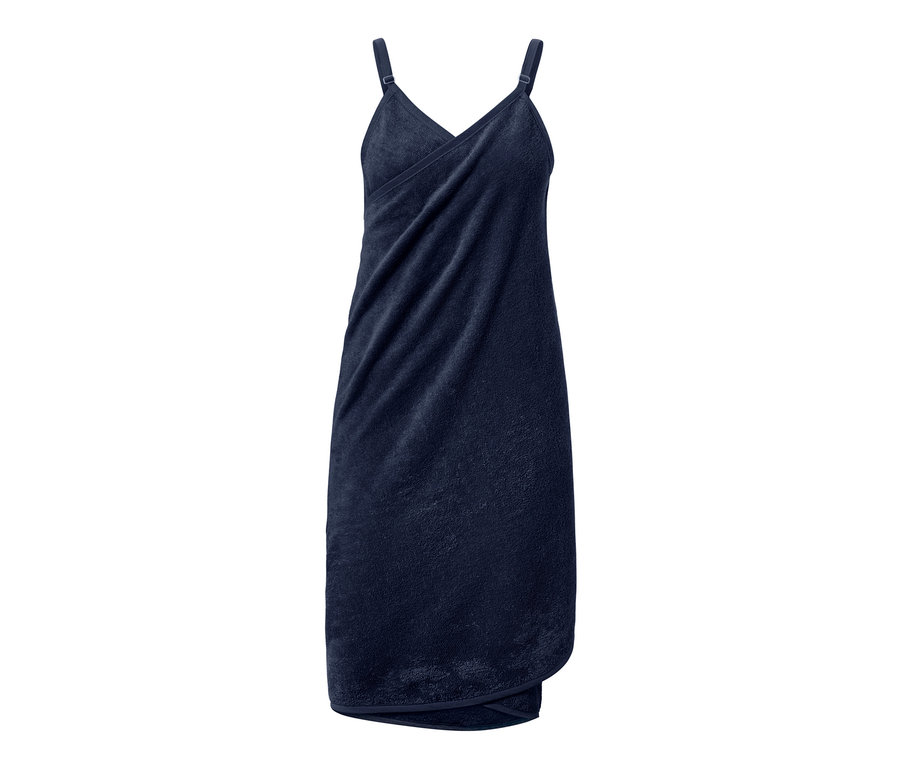 Dunkelblaues Handtuch-Kleid mit überkreuztem Ausschnitt und Trägern.