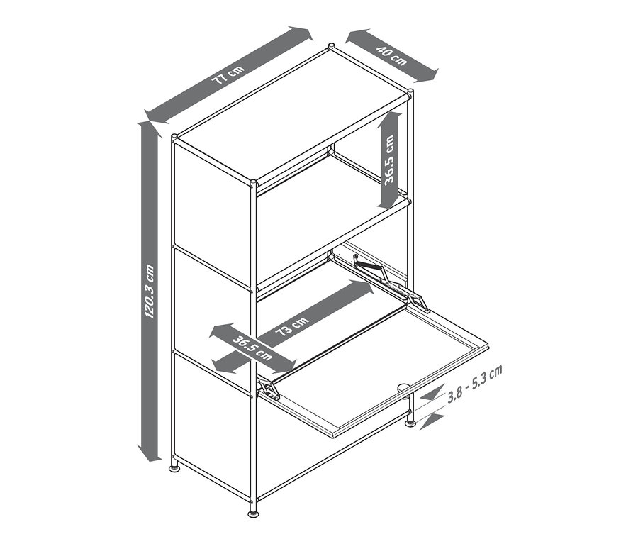 Abbildung einer Kommode Metall »CN3« mit zwei Klappenfächern und den Massen.