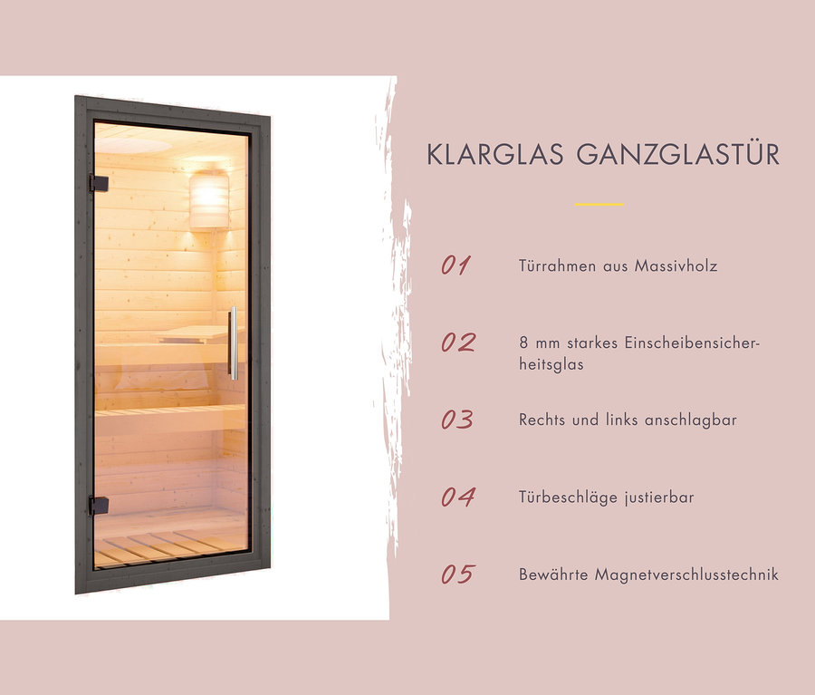 Glastür mit Massivholzrahmen für Karibu Hybrid-Saunahaus »Alice 3« in Anthrazit, Saunahaus »Gwen« und Saunahaus »Gwen« klein.