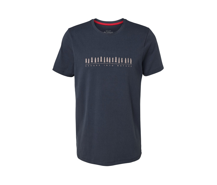 Blaues T-Shirt mit Wald-Print.